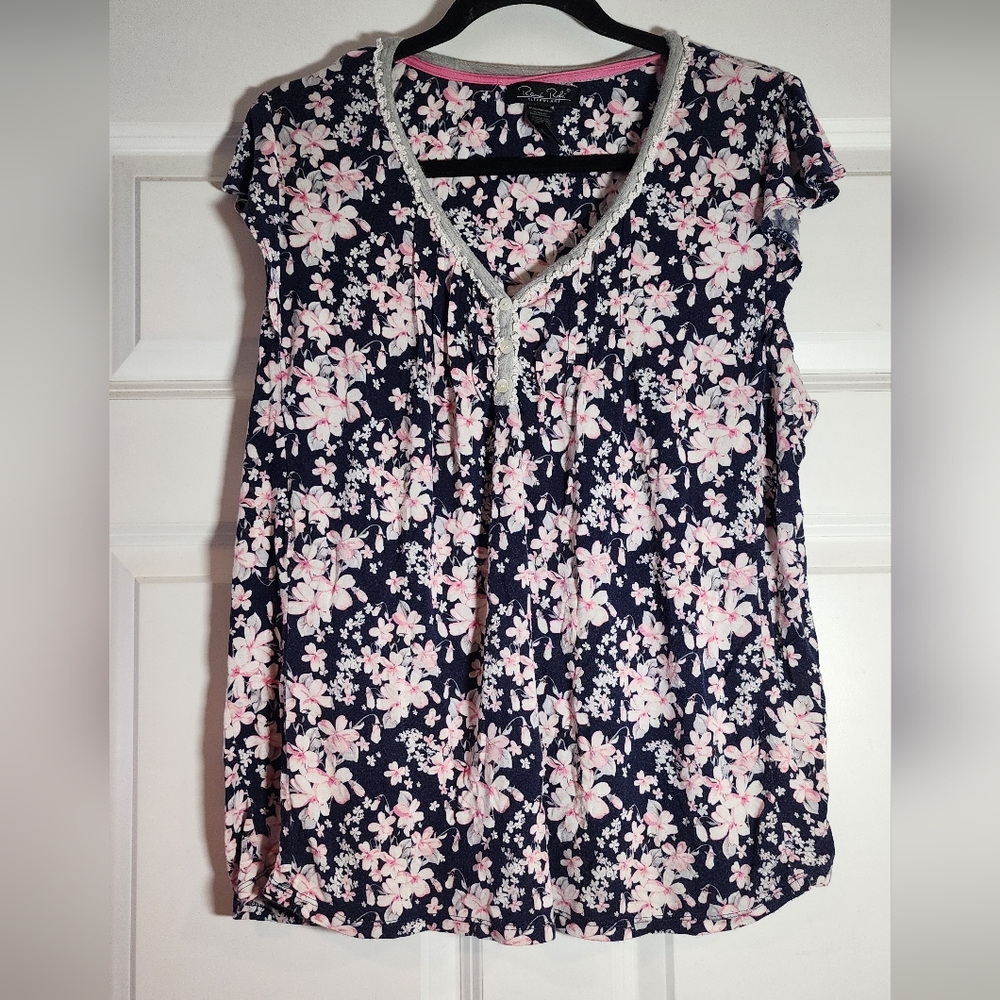 Floral Navy and Pink Women's Sleep Top Minor Wash Wear XL